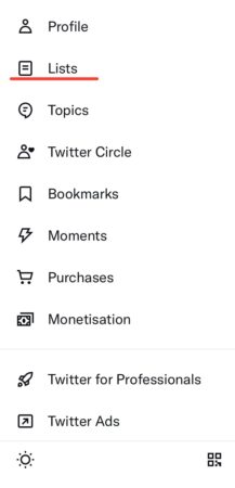 Twitter menu with the "lists" highlighted with a red line