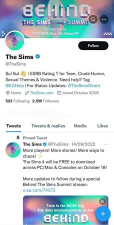 The Sims game twitter page with blue tick and tweets