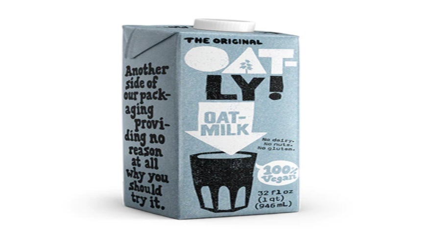 Oatly branded oat milk packaging