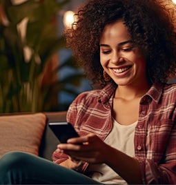 Woman smiles at her cell phone while relaxing