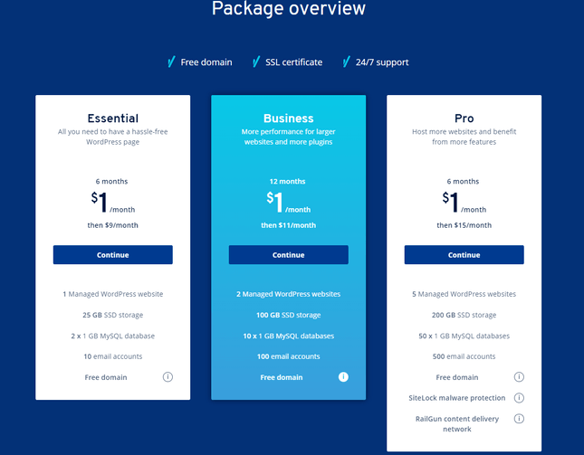 1&1 ionos managed wordpress plans showing three prices with the recommended business plan in blue