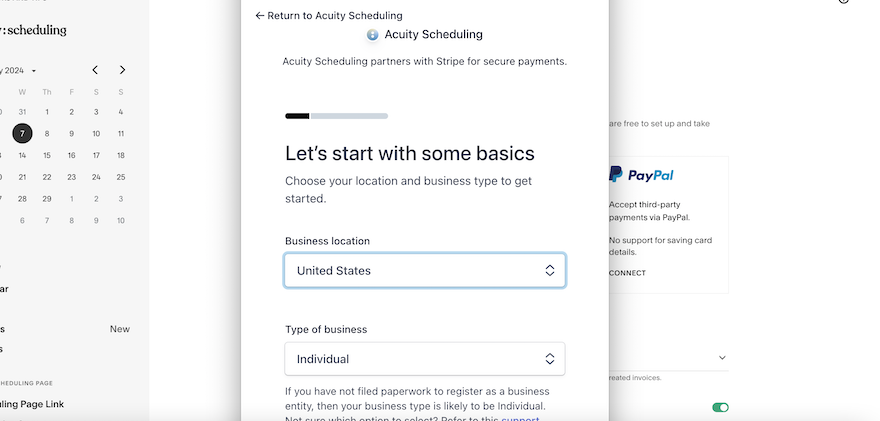 A popup with empty fields for users to populate in order to set up an integration with Stripe, the payment processor.