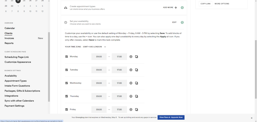 Screenshot of Acuity Scheduling's availability timetable.