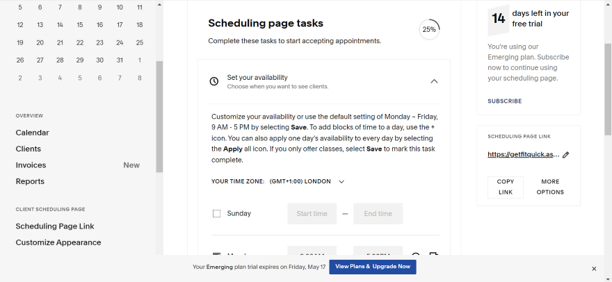 Screenshot of the availability settings on Acuity Scheduling.