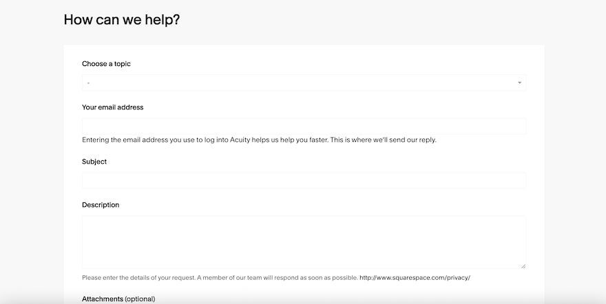 The Acuity support form featuring blank fields for customers to populate with their query details.