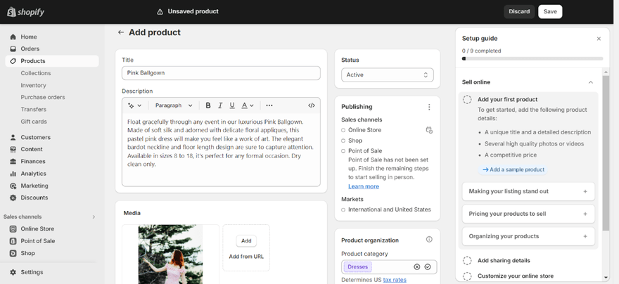 Shopify product dashboard during process of uploading a product featuring description, image, category, etc