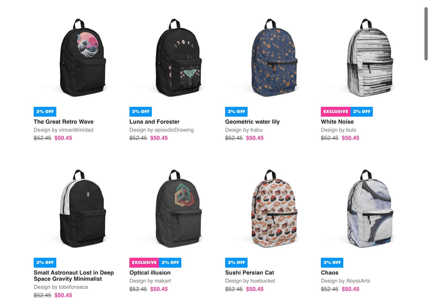 Catalog of print on demand backpacks available on Threadless