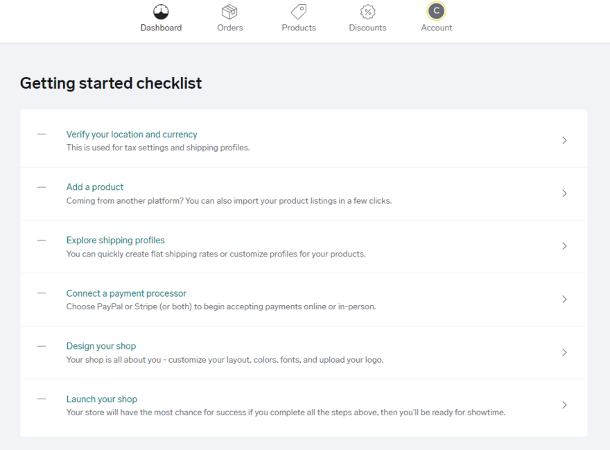 Big Cartel dashboard showing a Getting started checklist