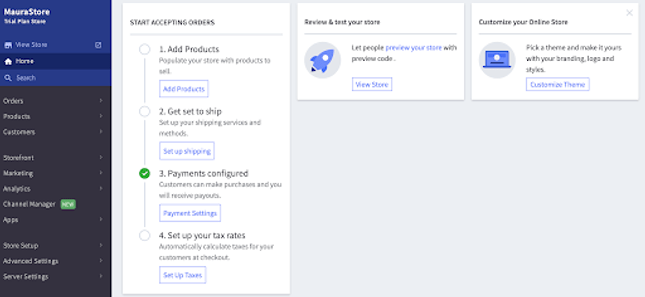 bigcommerce's user dashboard, with progress graph and two tips with blue icons