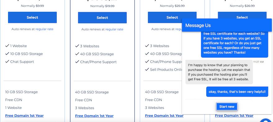 Bluehost live chat in action with a chat box open on the right showing a conversation.