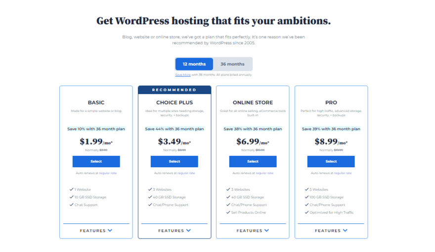 Four shared hosting plans on Bluehost's website