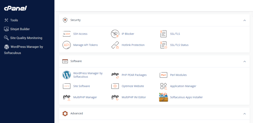 Bluehost cPanel showing security settings