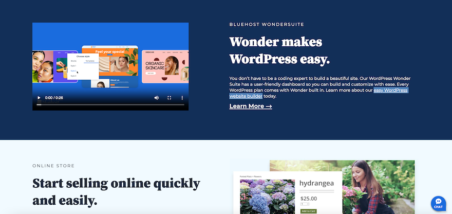 Bluehost homepage with information about its website builder, Wonder.