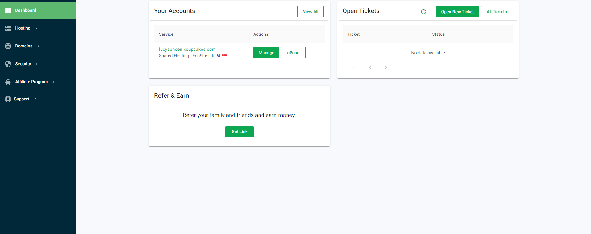 GreenGeeks hosting management dashboard