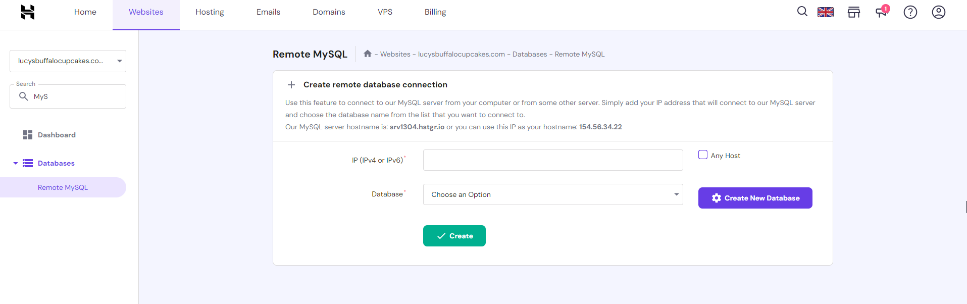 Hostinger MySQL server page