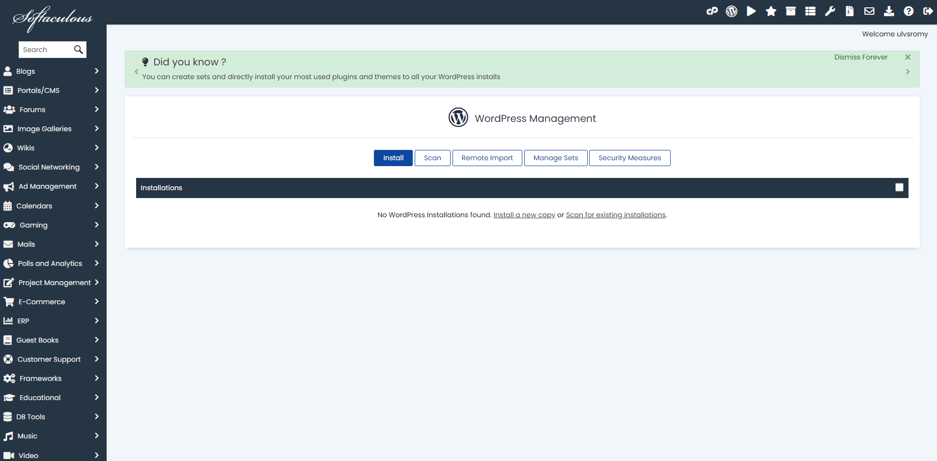 the softaculous management for wordpress in bluehost