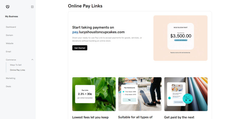 GoDaddy pay link page