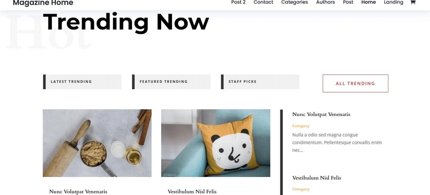 Divi posts are filterable by trending, featured and staff picks.