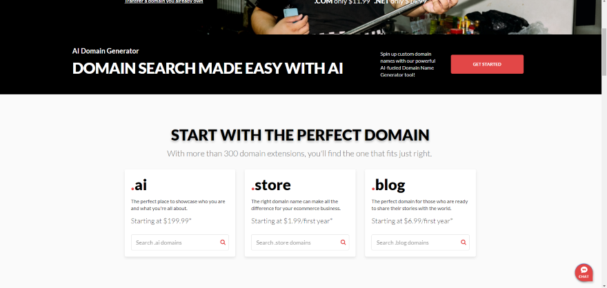 Screenshot of domain search options featuring AI, store, and blog domain extensions.