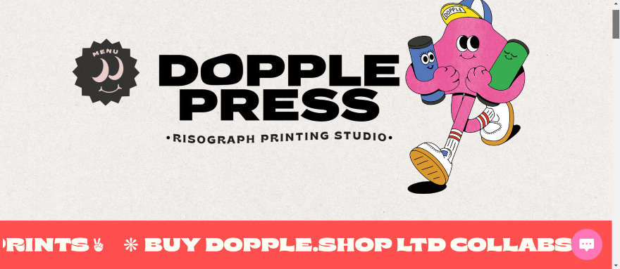 Illustration of Dopple Press, a Risograph printing studio, featuring a character with print materials.