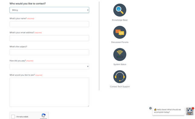 DreamHost customer support form with fields to fill out