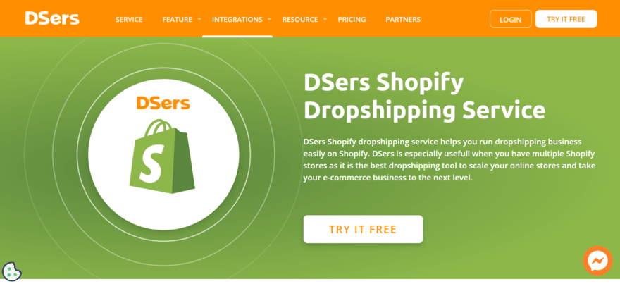 DSers integration with Shopify homepage featuring a sign-up button