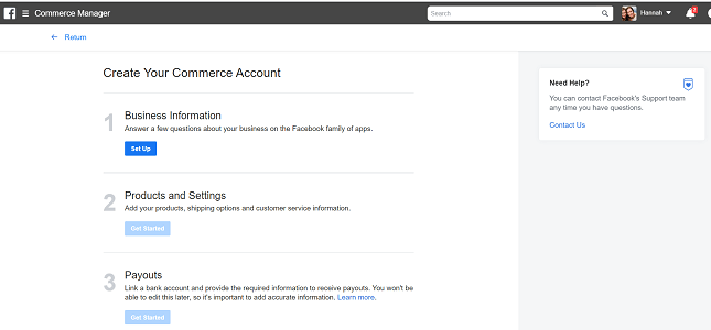 FAcebook Shops: commerce account info