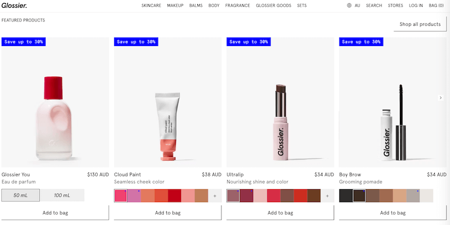 Glossier website homepage screenshot