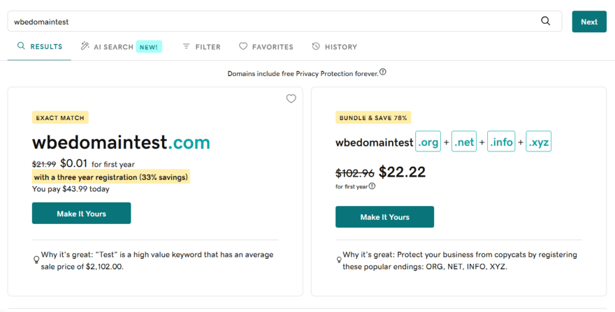 Screen showing discounted domain registration deals with price comparison and savings highlighted on GoDaddy