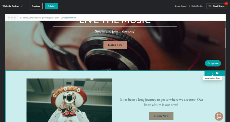 GoDaddy website editor showing the option to move sections up or down