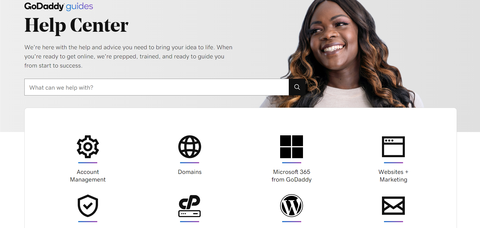 GoDaddy help center page showing a search bar and the different support categories