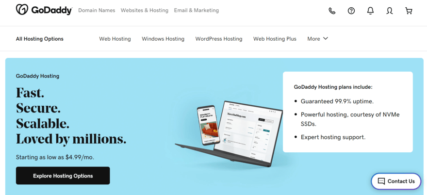 GoDaddy Hosting homepage with a button inviting visitors to explore hosting options