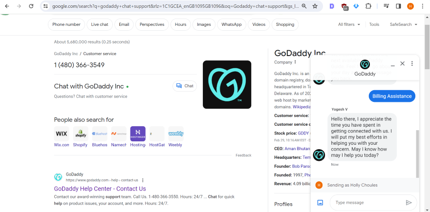 A Google search result page in the background, showing a GoDaddy live chat popup in the bottom right corner providing support