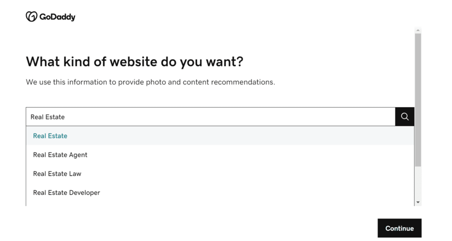 Onboarding question on GoDaddy about what kind of website you want to create