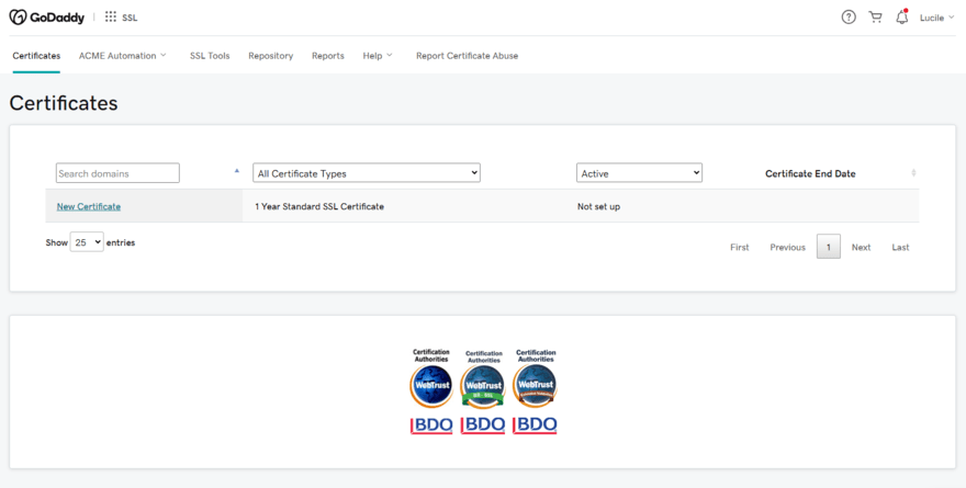 GoDaddy SSL certificates page in its settings