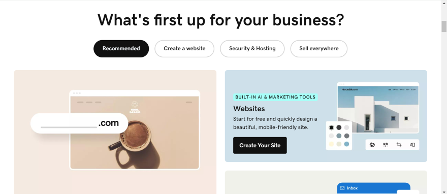 Screenshot of a business website builder platform with a .com domain search and starter templates.