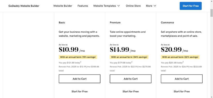 Three GoDaddy web builder pricing plans