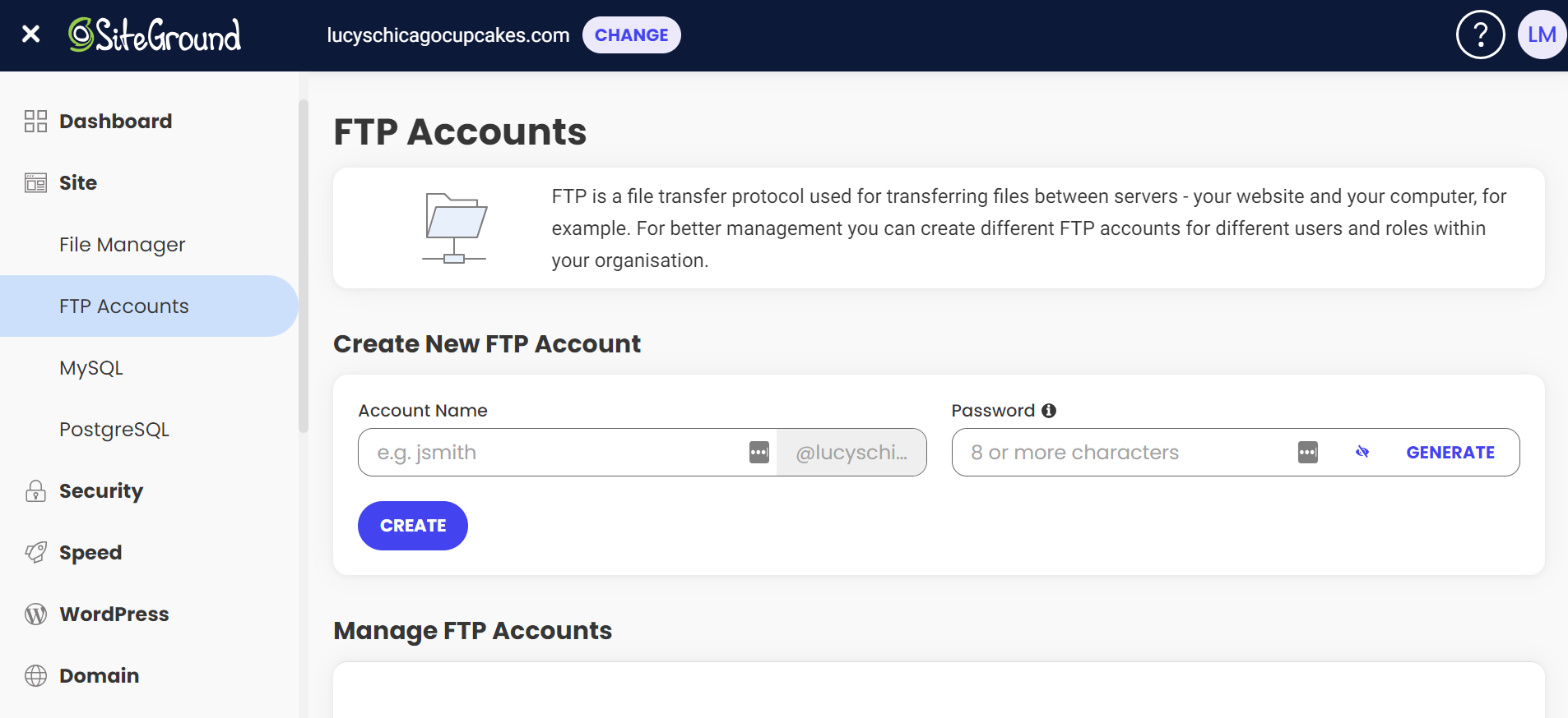 SiteGround's FTP account page