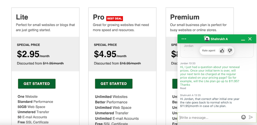 GreenGeeks pricing page with a live chat box open to the right displaying an ongoing conversation.