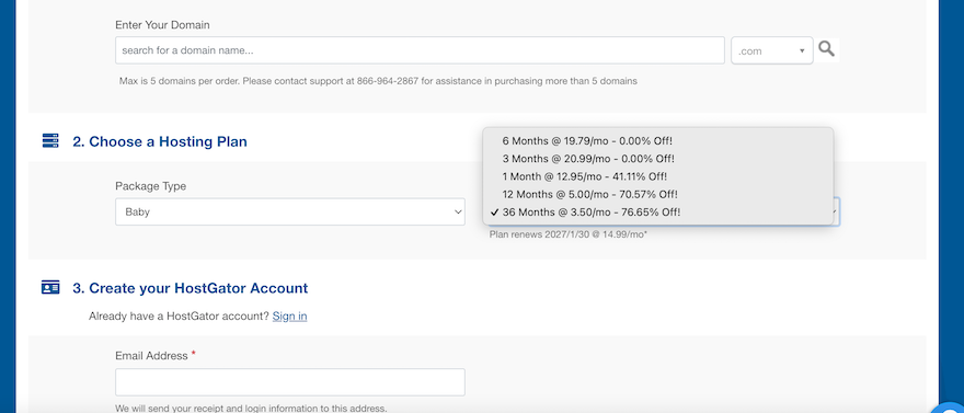 The HostGator checkout page showing a gray dropdown menu with all the different terms available.