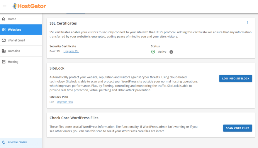 HostGator's website security settings