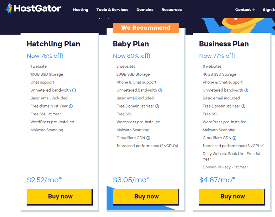 HostGator shared hosting plans