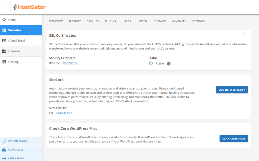 HostGator website settings showing security features