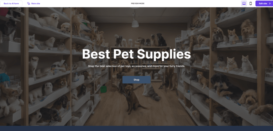 Hostinger AI builder preview for a pet supply store, showing a homepage with a large AI-generated image of pets on shelves