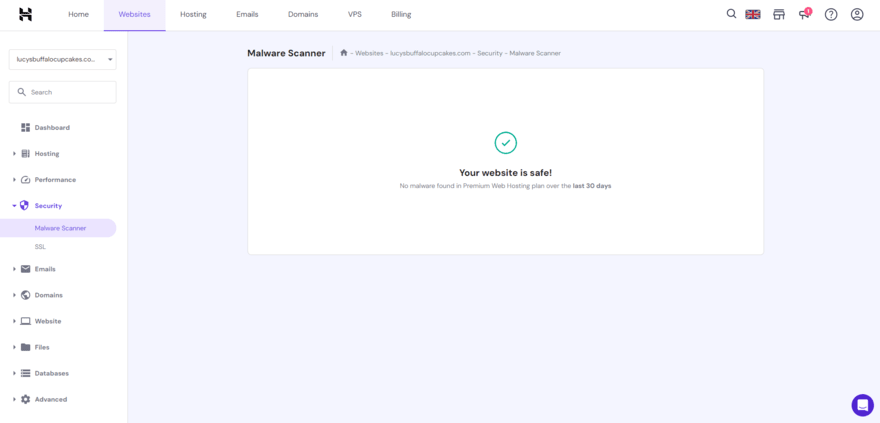 Malware scanner showing no issues in Hostinger's website settings