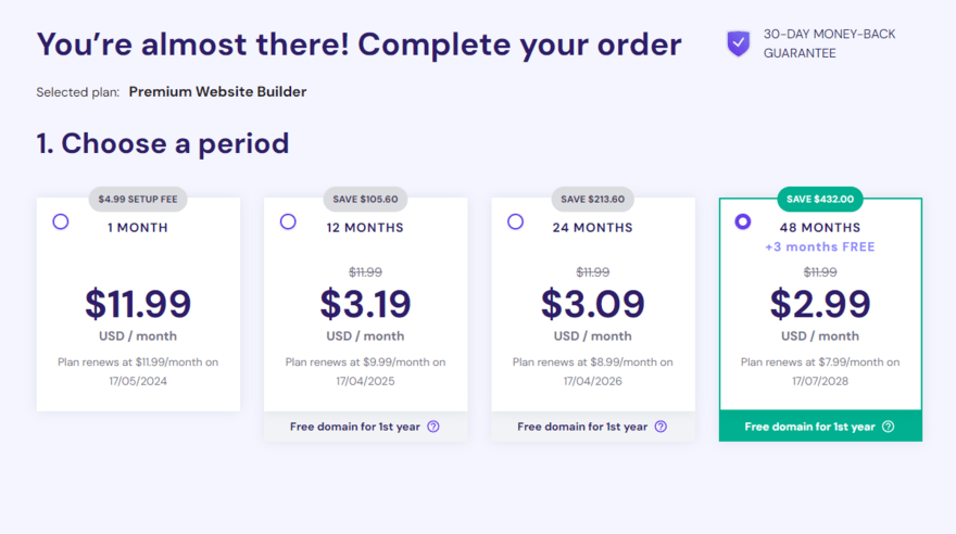 Hostinger pricing and subscription lengths for the Premium Website Builder plan