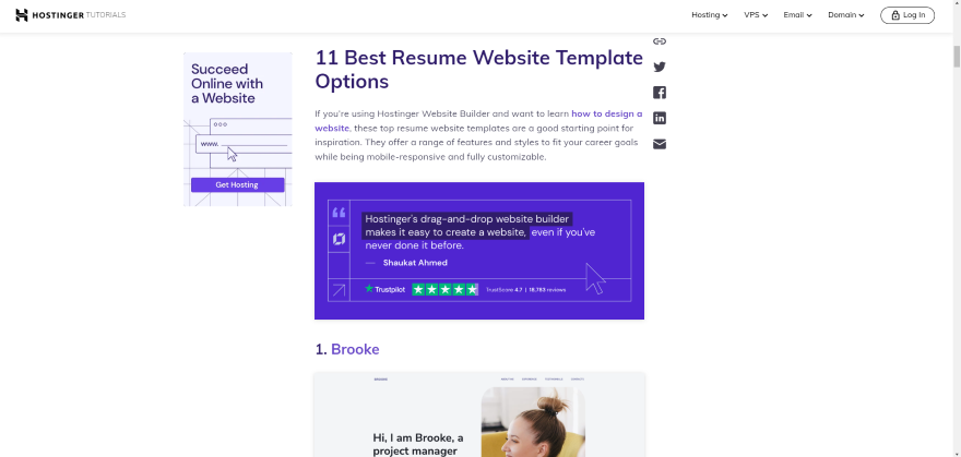 Screenshot of Hostinger's blog post on the best resume templates.