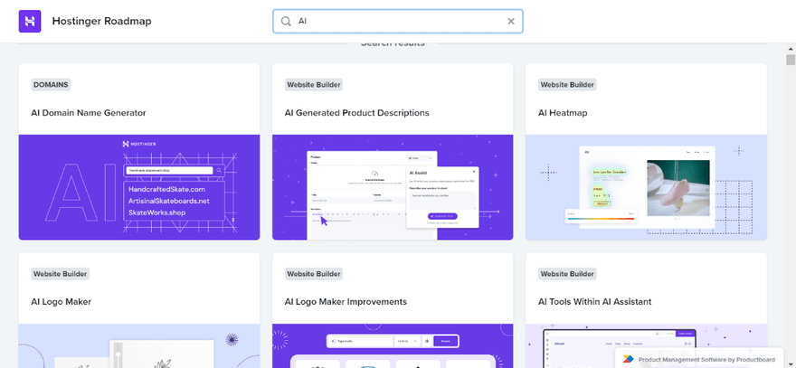 Items on the Hostinger Roadmap showing AI features