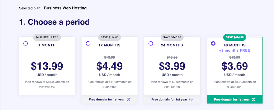 The Hostinger checkout page showing four white boxes in a horizontal row, each containing a different price for a different contract term length