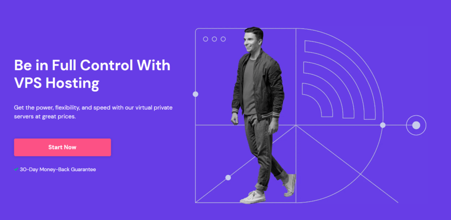 Hostinger VPS homepage. A purple background with a man on the right next to white text.